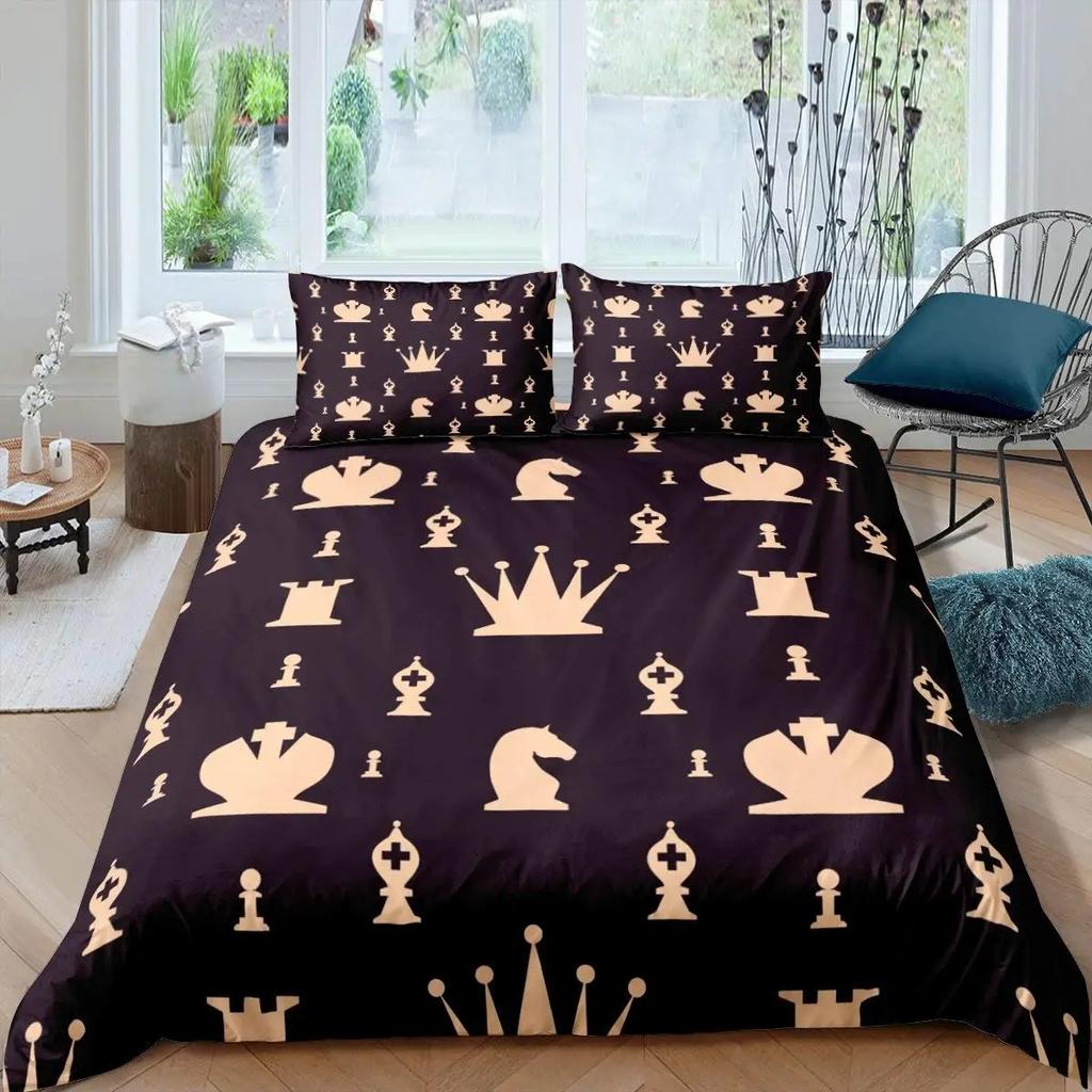 International Chess Duvet Cover Set Queen Size Chess Lovers Постельное белье для детей и взрослых Микрофибра Черная основа 23 шт Пододеяльник
