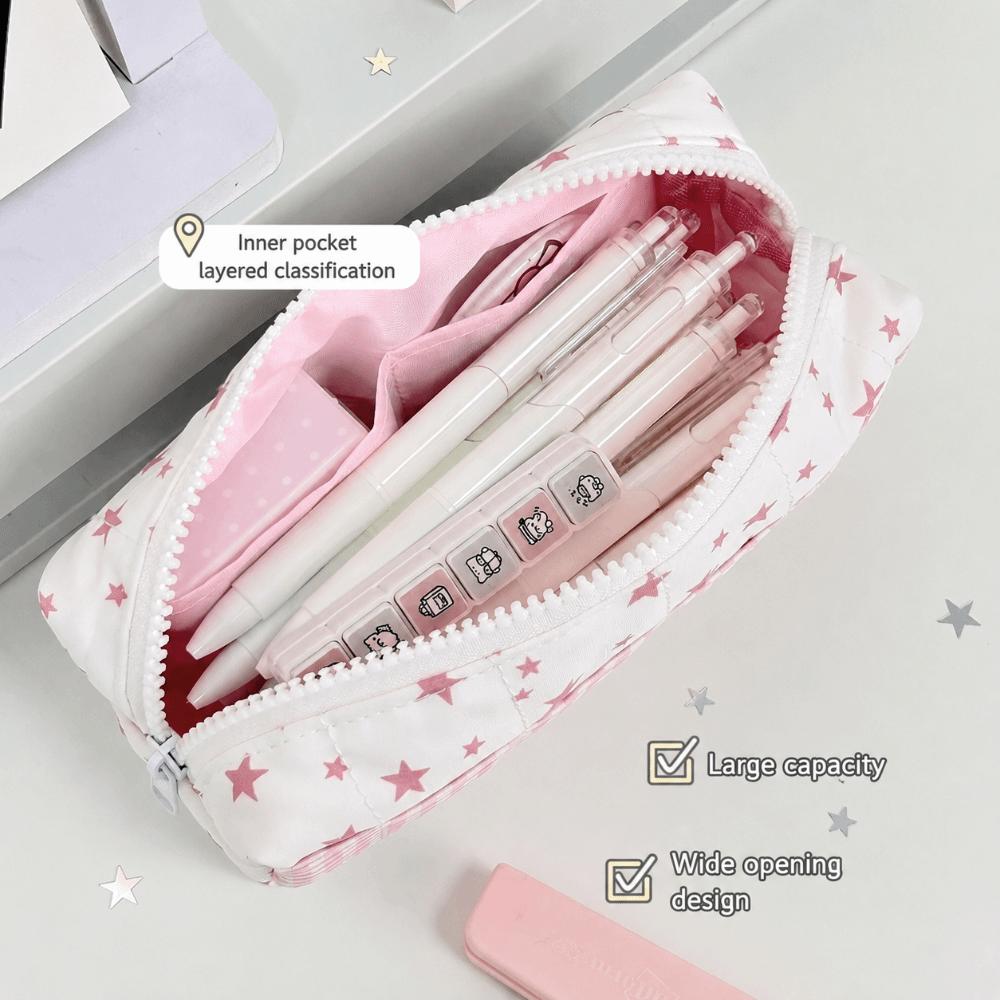 Large Capacity Pencil Case Pink Star Gingham Pencil Pouch Kawaii Stationery Bag Gift