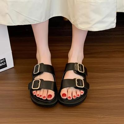 Модные женские шлепанцы Лето 2025 Модные с открытым носком с ремешком и пряжкой Уличная обувь для женщин Классический бестселлер Удобные плоские шлепанцы