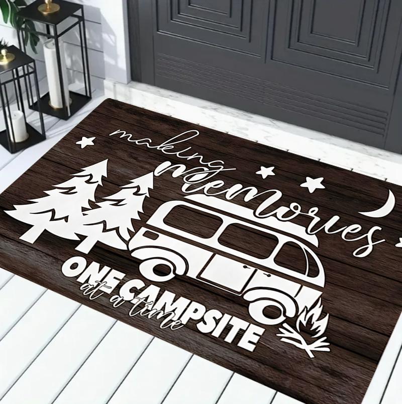 Happy Camper Welcome Mat - Non-Slip Rustic Entryway Rug - Charming Forest Camping Theme Indoor Floor Carpet Decor