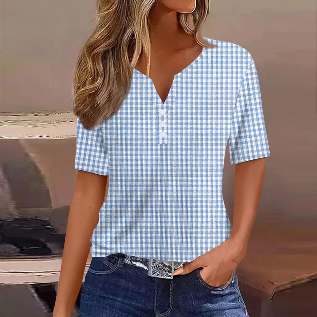 Women's Casual Printed V-Neck Short Sleeve Decorative Button T-Shirt Top