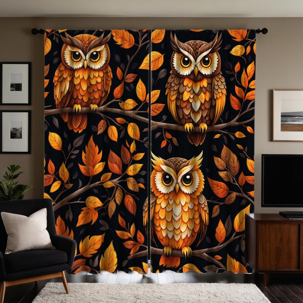 2 Pieces of HD Maple Tree Three Owl Curtains Yellow Tie Digital Printed Curtains Home Decoration Style Decorate Living Room Bedr