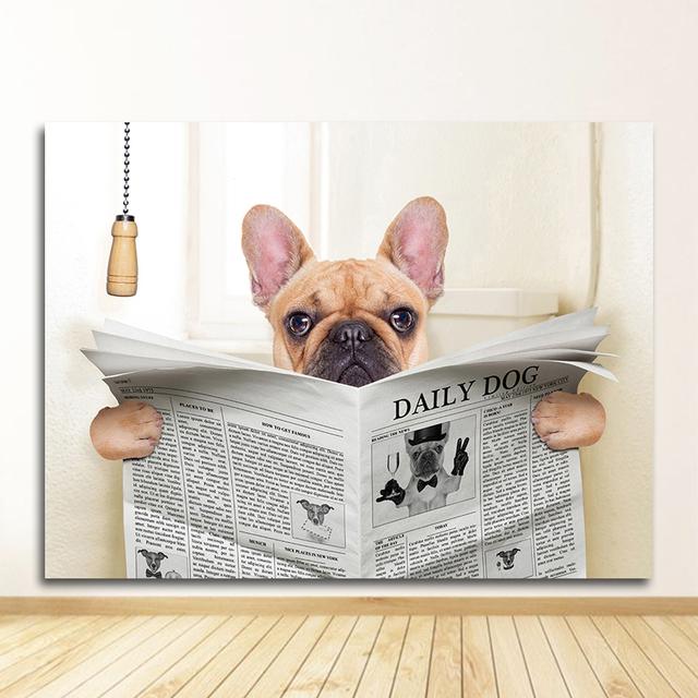 Picture Home Bathroom Decor Dogs Lover Gift Dog Reading Newspaper Toilet Wall Art Canvas Prints Funny Dog Painting Wall