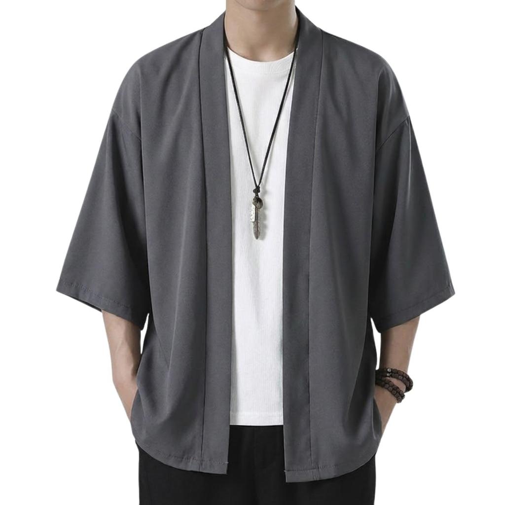 Xulee summer clothing mens cardigan three-quarter sleeve Japanese-style parka plain Japanese style haori stylish large size cool loose big silhouette