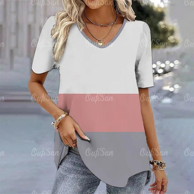 Женская футболка, простая модная футболка с v-образным вырезом и коротким рукавом в полоску, женская футболка в стиле Харадзюку, свободная одежда, женские пуловеры, топы