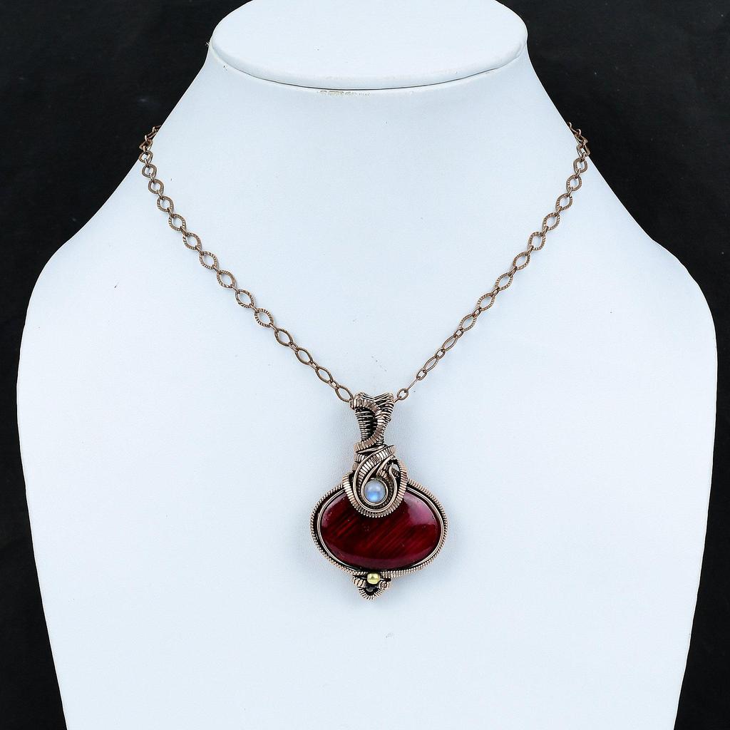 Кулон из красного огненного лабрадорита, обернутый медной проволокой, подвеска из радужного лунного камня, подвеска ручной работы, подарок другу, подвеска из драгоценного камня из меди