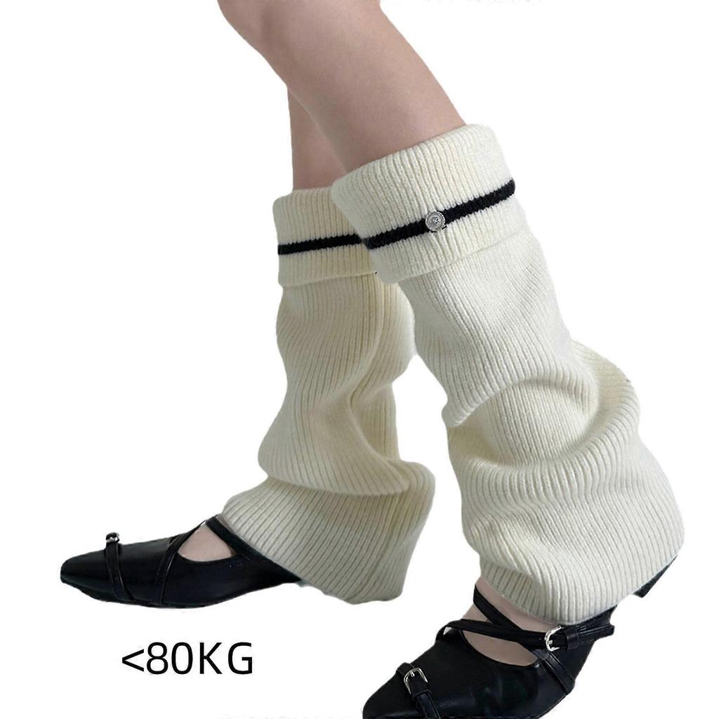 Women Korean Style Knitted Leg Warmers with Metal Button Elegant Turn Cuff Striped Boot Covers Flared Slouchy Calf Socks Gray