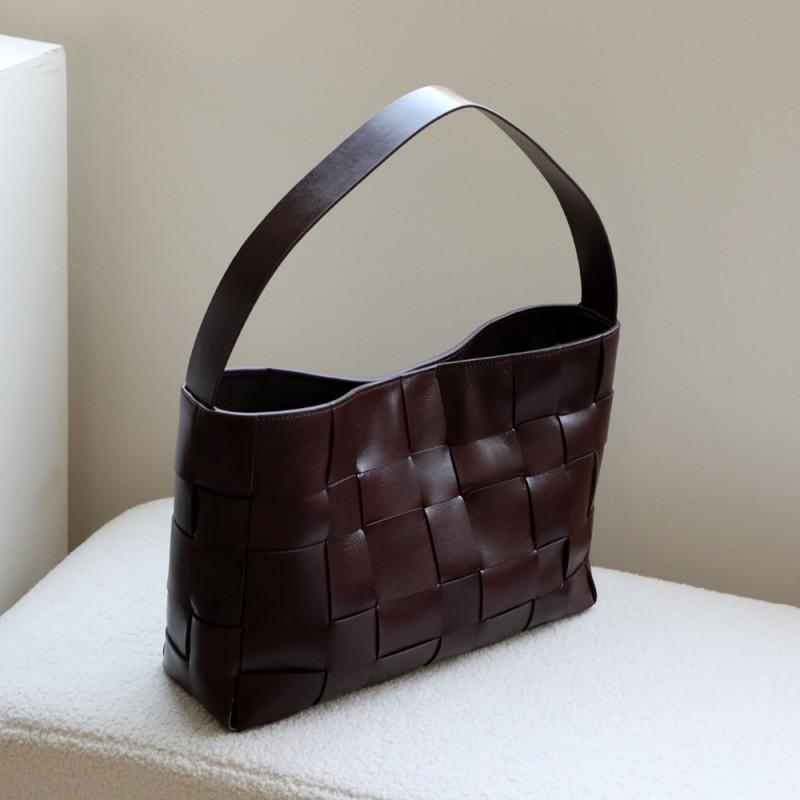 Genuine Leather Woven Tote Bag Women Large Capacity Laptop Commuter Shoulder Soft Full-Grain Cowhide Cherry Black