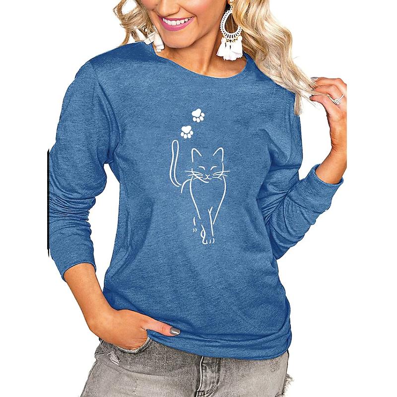 Женские осенние топы, свободная футболка с милым котом и принтом кота, повседневная футболка с длинными рукавами, топ, блузка
