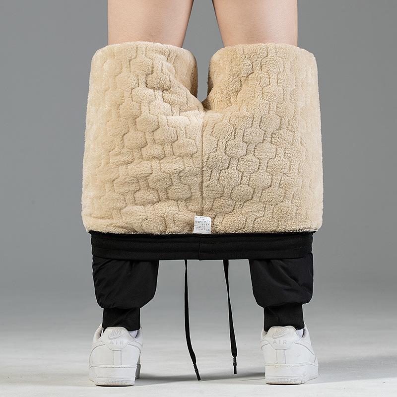 Men's Fleece-Lined Thickened Loose-Fit Trousers for Autumn and Winter Warmness-Retaining Cuffed Leggings Shearling Fleece Casual Long Trousers for Men