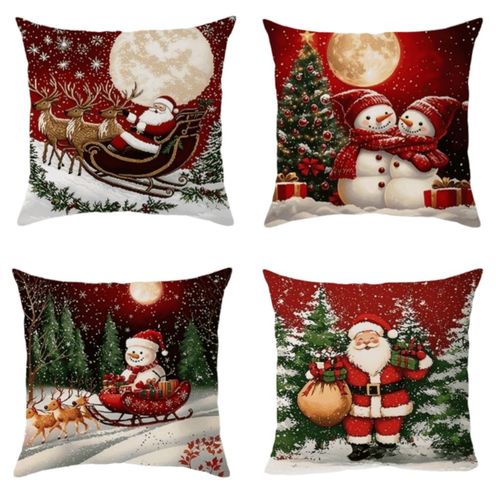 4PCS Santa Claus Holiday Cushion Cover Elk Throw Cushion Case Xmas Pillow Cover Sofa Decoration