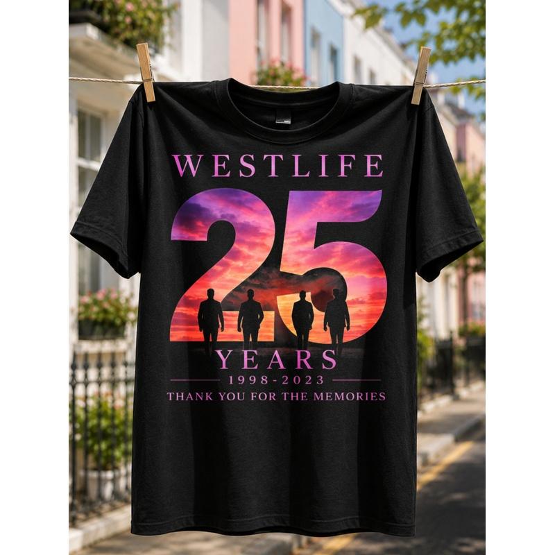 Мужская футболка, Повседневный стиль, Дизайн к 25-летию Westlife с силуэтами заката 1998-2023, Графический принт 'Спасибо за воспоминания',