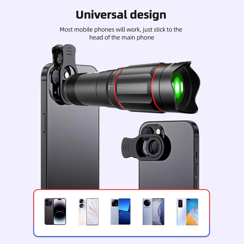 25X Phone Telephoto Lens Kit with Phone Clip Phone Holder Cleaning Cloth Mini Tripod Stand for Hiking Camping Wildlife
