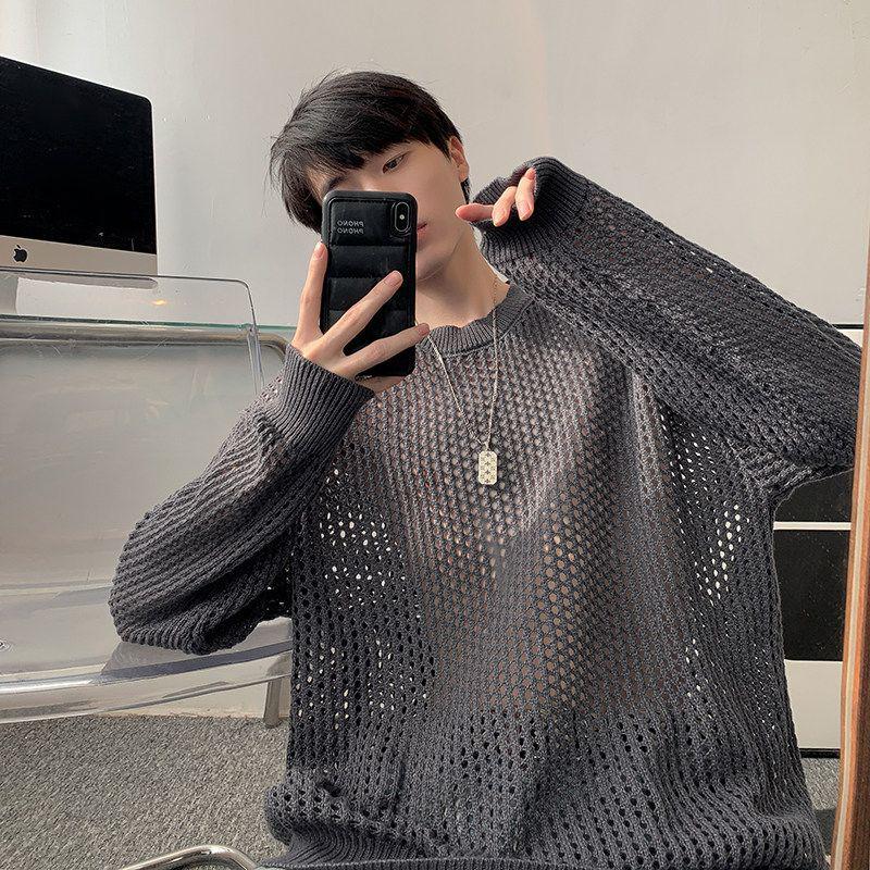 Men's Summer Thin Grid T-Shirt: Trendy Hong Kong Style, Hollow Knit, Long Sleeve, Round Neck Cover-Up