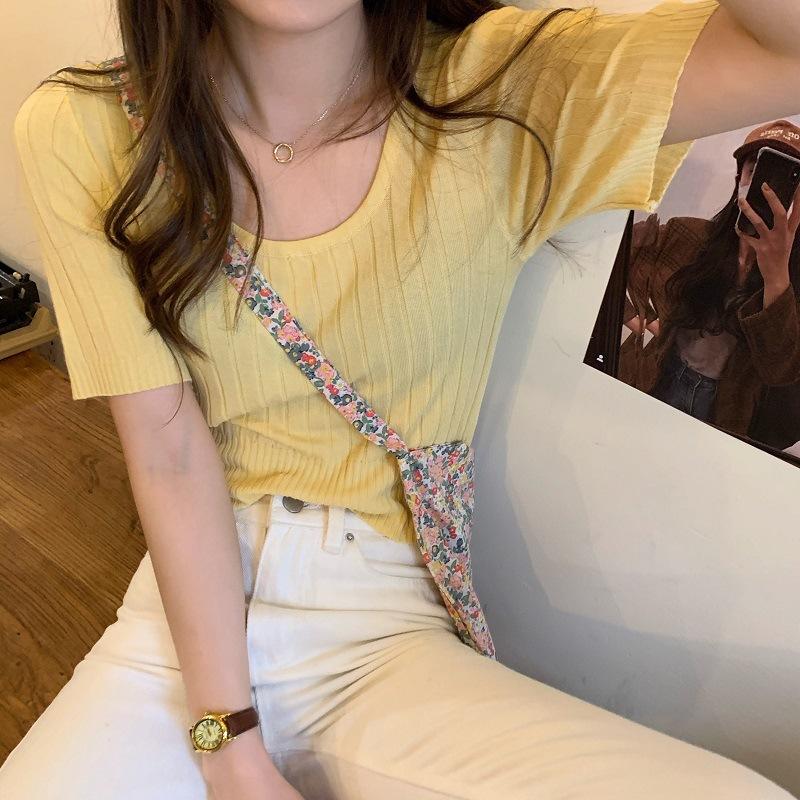 Футболка с французской талией, летняя женская, новая, с U-образным вырезом, из тонкого шелкового трикотажа, с коротким рукавом, с квадратным вырезом, короткая рубашка