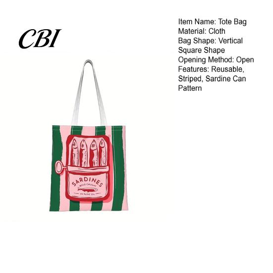 Durable Fabric School Bag Striped Canvas Tote, Sardine Can Pattern, Reusable Shopping Bag, Foldable Versatile Everyday Handbag Tote for Women Men Gym