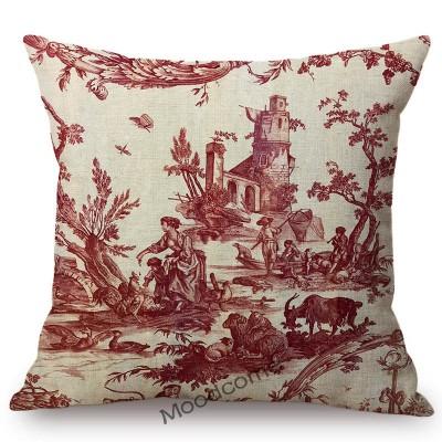 Navy Blue Ink Print Motif Of Toile De Jouy Classic French Pattern Tropical Plant Elephant Pillow Case Linen Car Cushion Cover