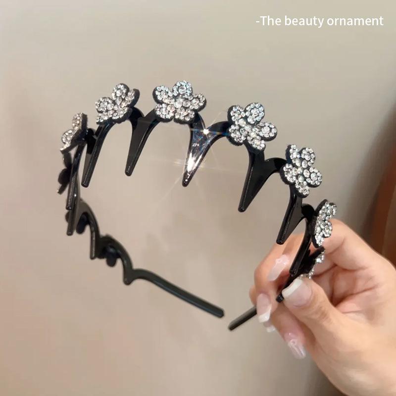 Korean Rhinestone Floral Wave Headband: Women's Frizz Control, High Skull Top, Wash Face Clip, Hair Tie