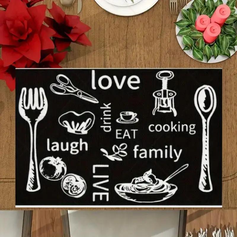 1PC Linen Table Pad with Black and White Knife and Fork Pattern Non-Slip Easy To Clean Decorative Placemat