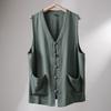 Linen Breathable Summer Men Style Retro Buckle V-neck Loose Vest Horsehide Jacket Outdoor Cover