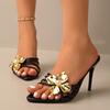 Gold Flower Decor High Heels Slippers Vintage Black Leather 2025 Summer New In Sexy Women's Sandals Luxury Designer Party Shoes