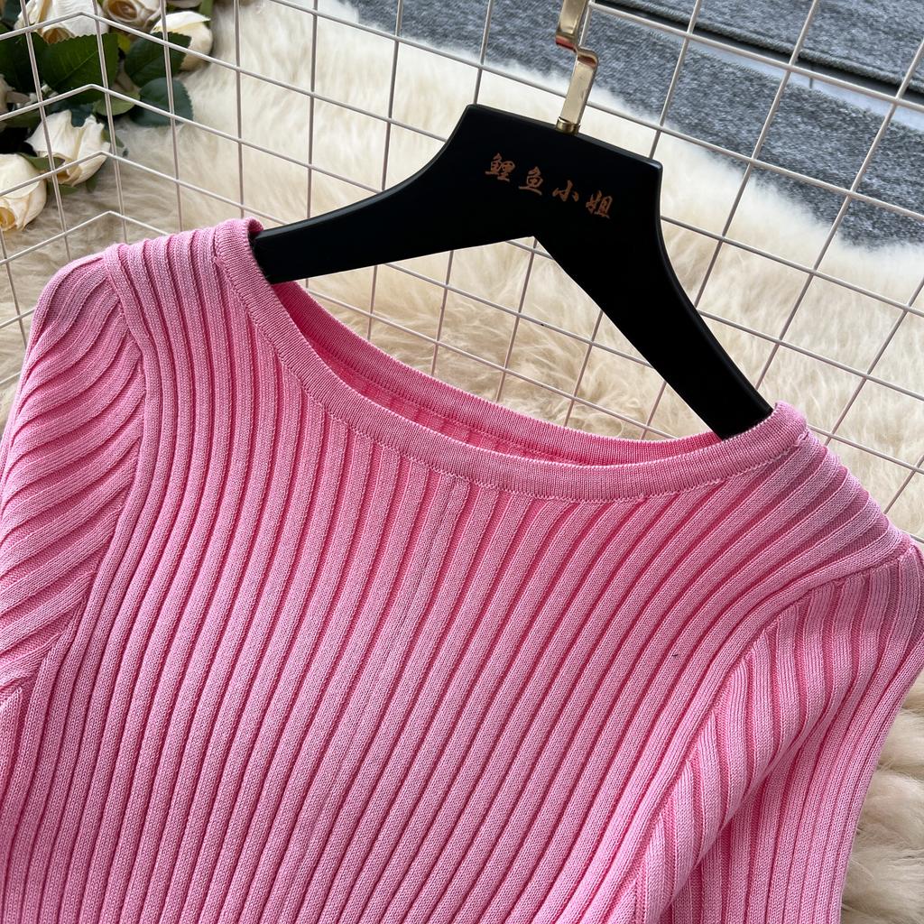 RUGOD сексуальное ажурное трикотажное платье 2025 года, облегающее, с коротким рукавом, с круглым вырезом, французское женское нежное облегающее длинное платье