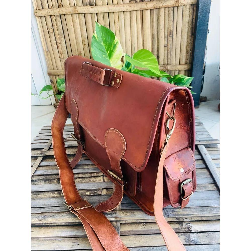 Vintage Leather Bag Men's Messenger Shoulder Laptop Briefcase Handmade Leather Bag ( Free Gift Sling Brown Bag Size - 9 X 7 X 3 In )