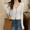 Spring Korean Design V Neck Ruffle Blouse Women Slim Long Sleeve Knit Cardigan