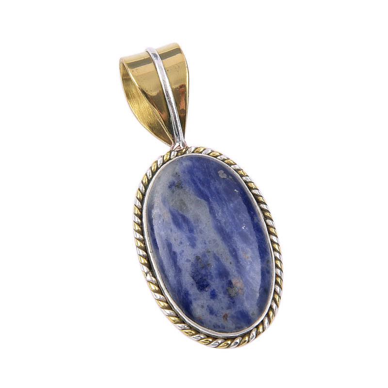 Natural Sodalite Gemstone 925 Solid Sterling Silver Two Tone Pendant 1.25" b8q01