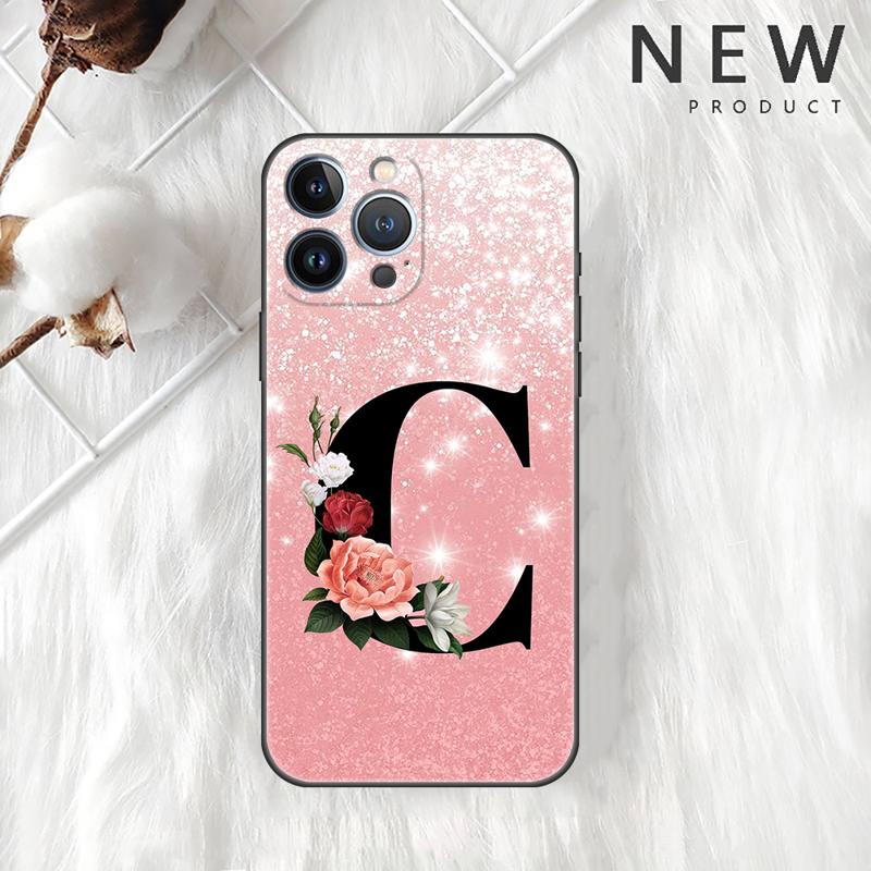 Letter A B C Flowers Pink Case For Apple iPhone 11 15 13 14 Pro Max 12 Plus X 15Pro Black Silicone Phone Coque
