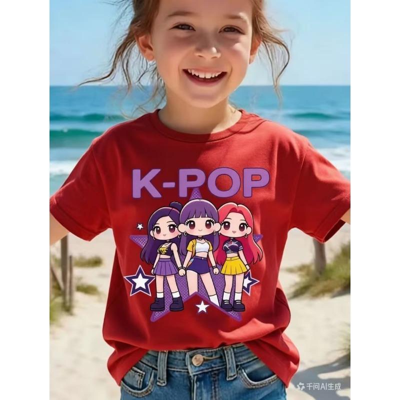 Детская футболка K-pop с мультяшным принтом, короткий рукав, летняя, удобная, забавный подарок для фанатов, футболки в стиле Харадзюку, одежда для девочек