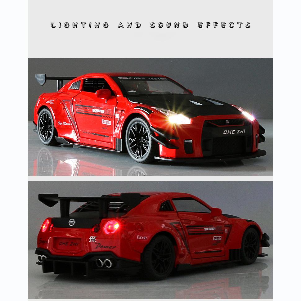 Масштаб 1/24, совместимый с моделью GTR, игрушечный автомобиль, игрушечный автомобиль из цинкового сплава со звуком и светом для детей, подарок для мальчиков и девочек