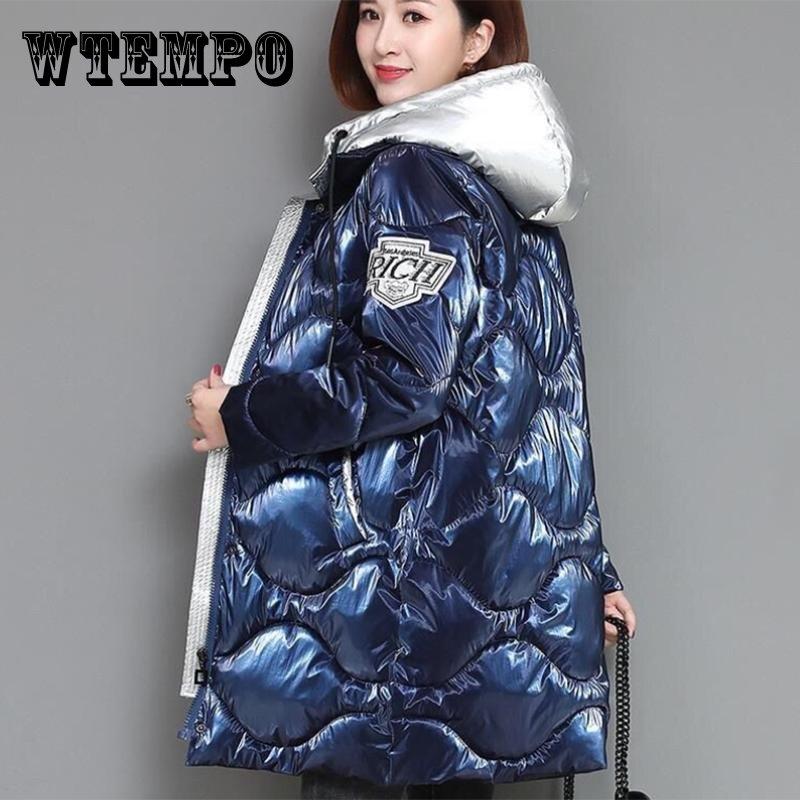 Женское зимнее корейское свободное стеганое пальто, теплая куртка-парка с воротником-стойкой, женская глянцевая куртка средней длины