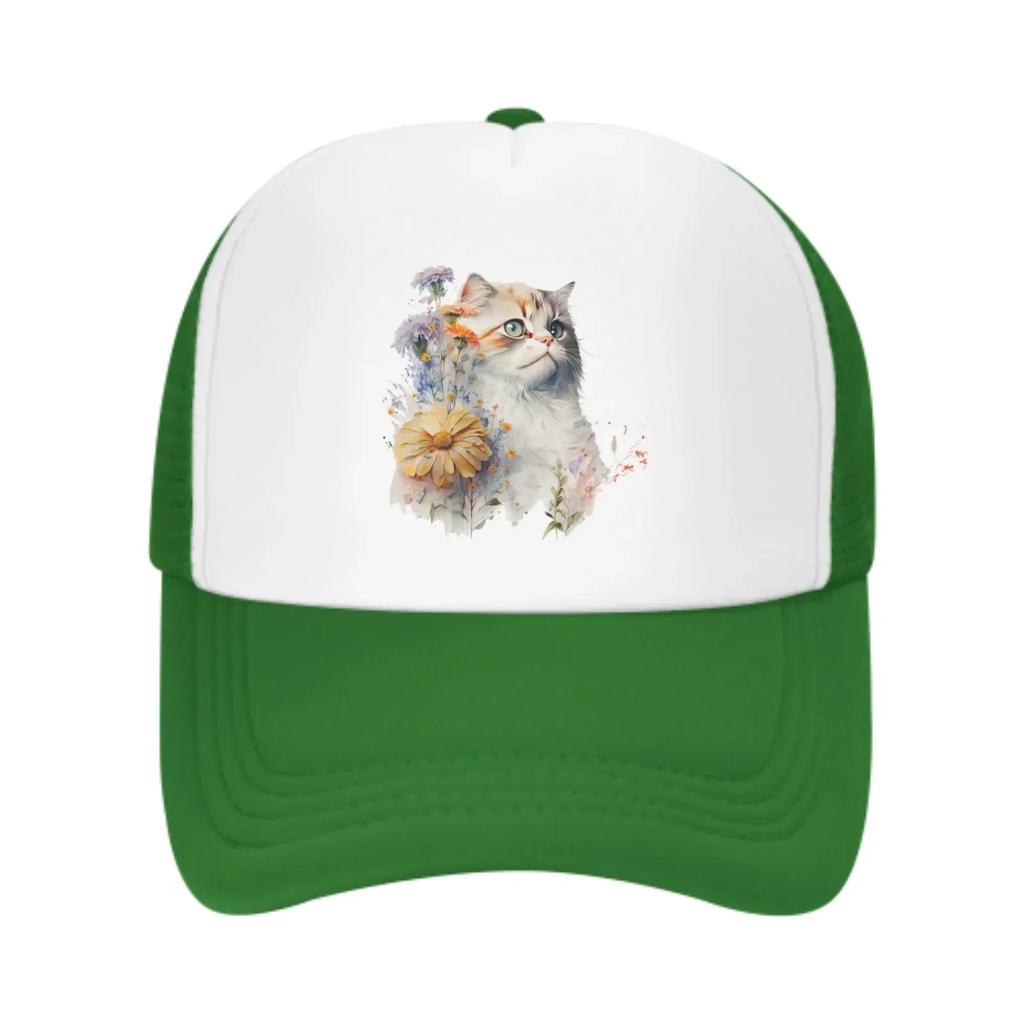 Floral Cat Mesh Trucker Hats for Unisex Women Adjustable Casual Fashion Baseball Caps for Outdoor Activities