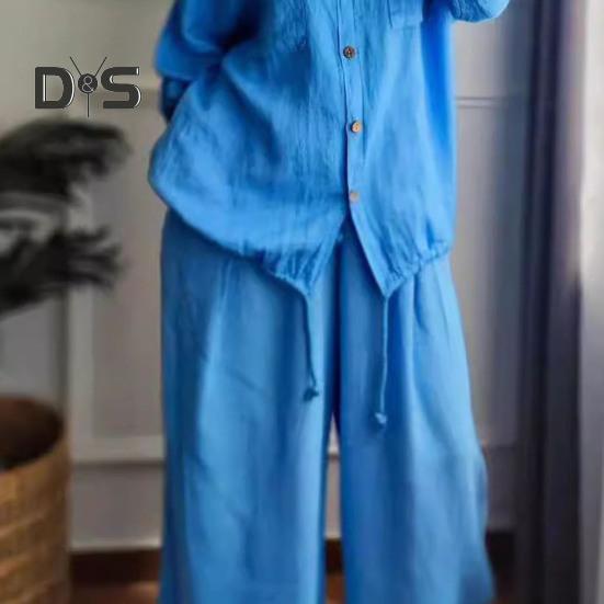 2 Pcs/Set Women Shirt Pants Set Long Sleeves Lapel Collar Pockets Single-breasted Drawstring Hem Blouse High Waist Loose Wide Leg Pants Set Casual