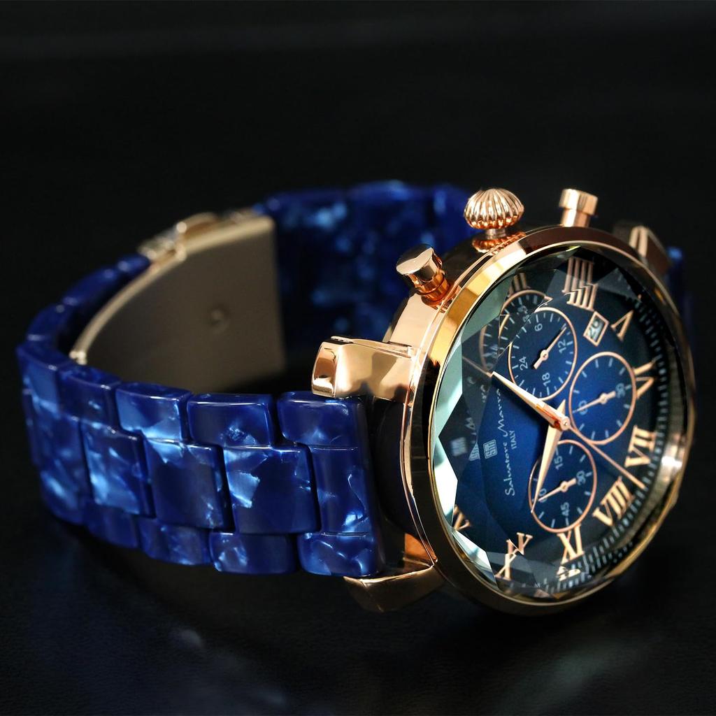 Salvatore Marra Men's Chronograph Watch, Model SM19104A-PGBL, Acetate Strap, Multi-Faceted Glass, Blue Gradient, 5 ATM