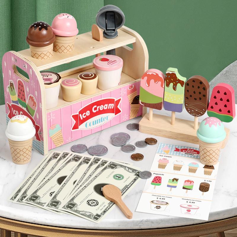 Wooden Pretend Kids Ice Cream Shop Playset With Natural Finish For Birthday Gift