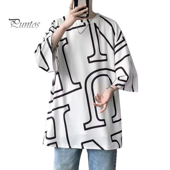 Летняя мужская футболка с круглым вырезом средней длины, соответствующий цвету с буквенным принтом, ледяной шелк, пуловер с короткими рукавами, свободная уличная одежда, молодежный топ для подростков