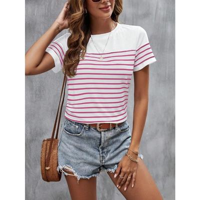 Модная женская футболка с круглым вырезом, летняя уличная мода, топы с коротким рукавом, свободная женская одежда большого размера с полосатым принтом