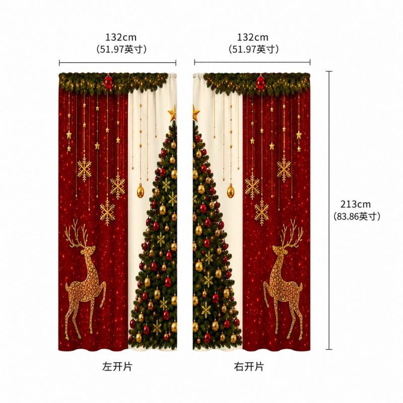 Christmas Print Blackout Curtains Living Room Dining Semi-Opaque Decorative Window Treatment Set