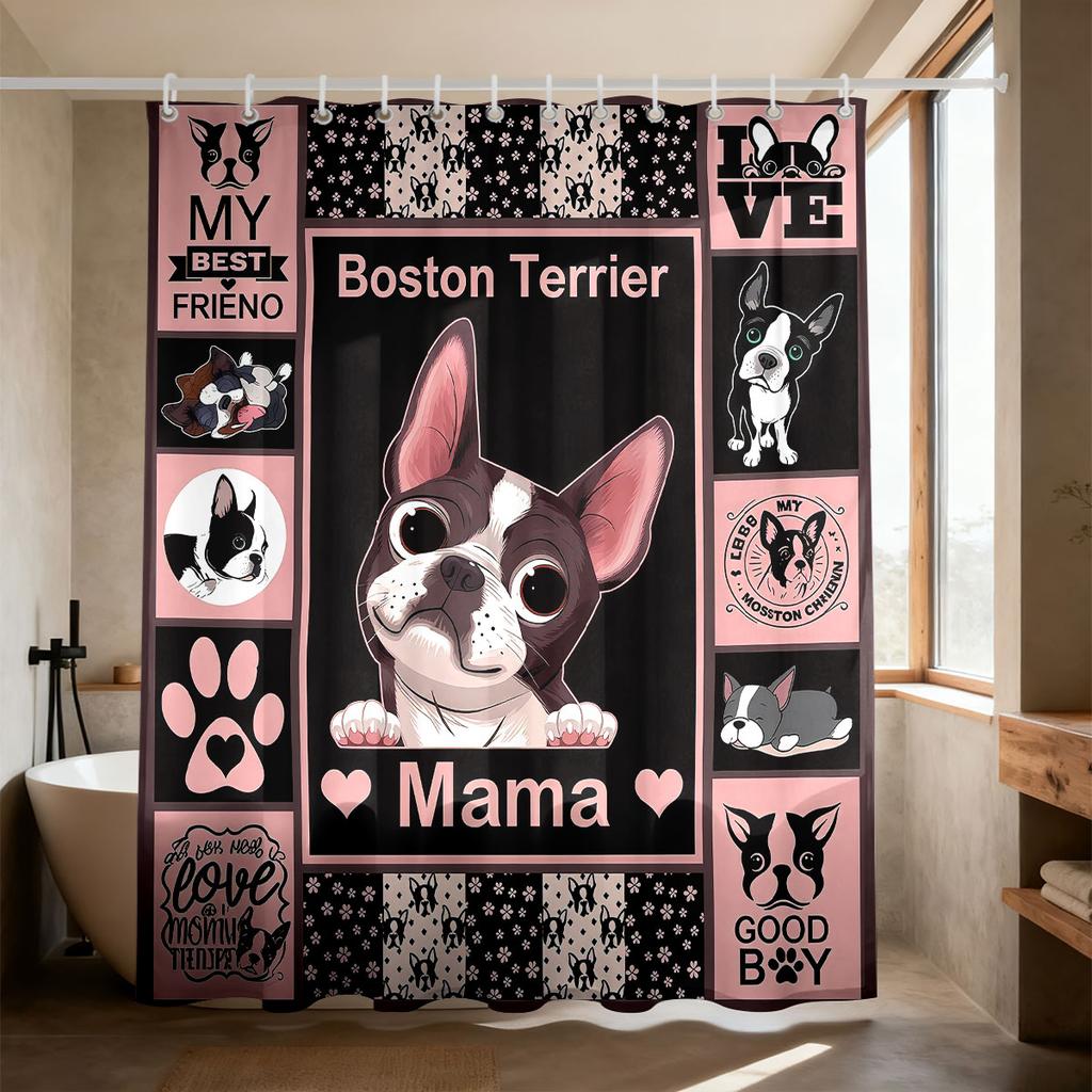 Dog Mom Shower Curtain 90Gsm Waterproof Boston Terrier Pug Print Bathroom Decor With Hooks