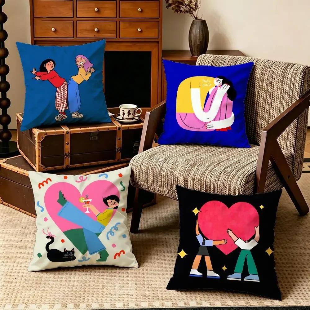 Couple Heart Flat Cushion Cover Soft Short Plush Cushion Cover 50x50 45x45 Zipper Pillowcase Home Decor