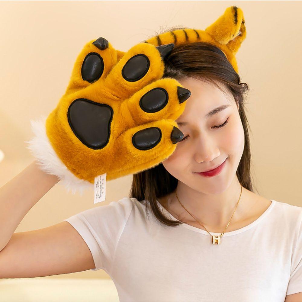 Fluffy Texture Plush Gloves Striped Design Costume Mittens  Cosplay Costume Accessories