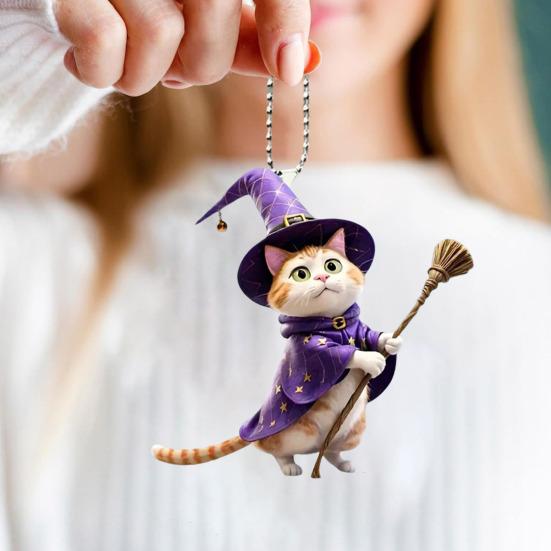 Wizard Hat Cat Hanging Decoration Home Indoor Christmas Tree Car Rearview Mirror 2D Flat Acrylic Broom Kitten Hanging Ornament Animal Pendant