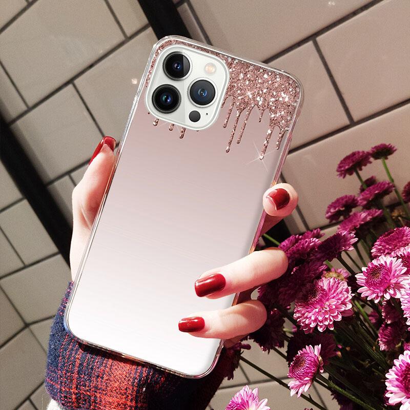 Чехлы для iPhone 14 12 11 13 Pro Max Чехол Силиконовый Funda на iPhone 13Mini X XS Max XR 8 7 14 Plus Переливающийся Блеск Розовый