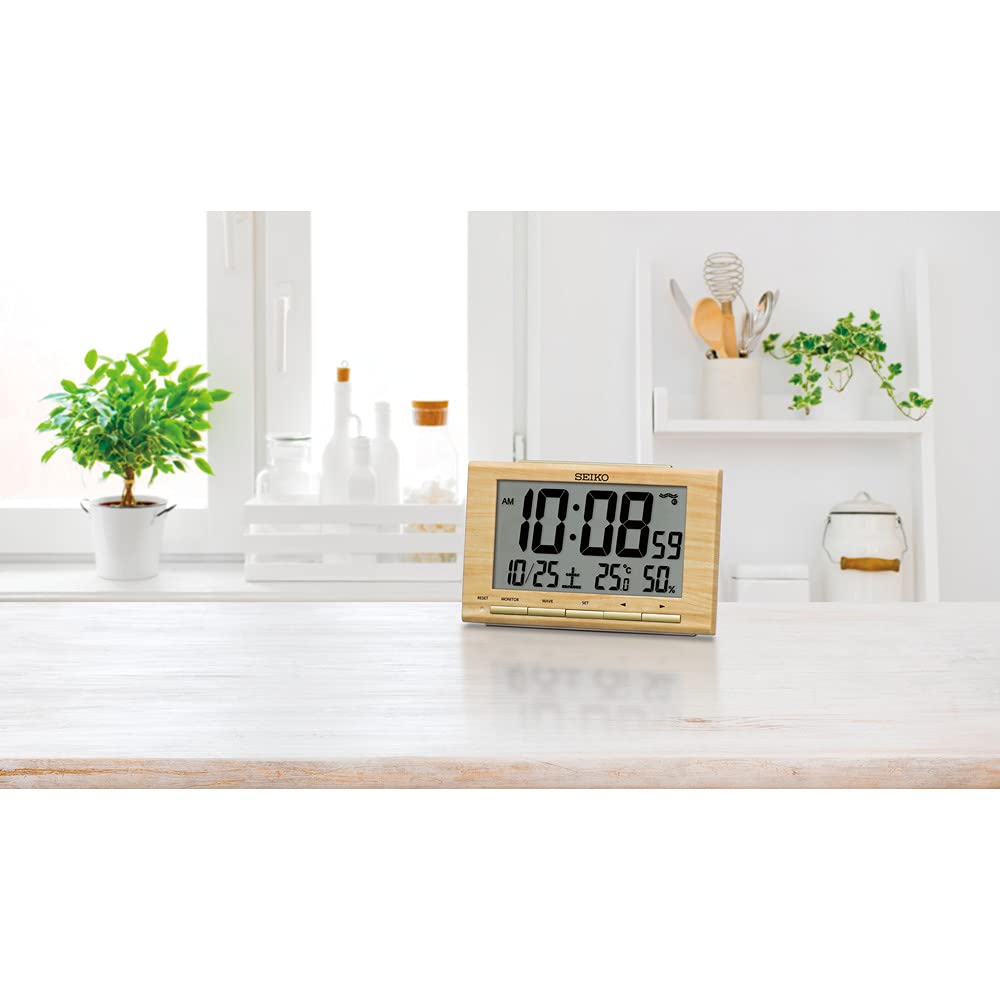 Часы Seiko с будильником, радио, цифровым календарем, светло-коричневые, с текстурой дерева, 91 x 148 x 47 мм, SQ799B
