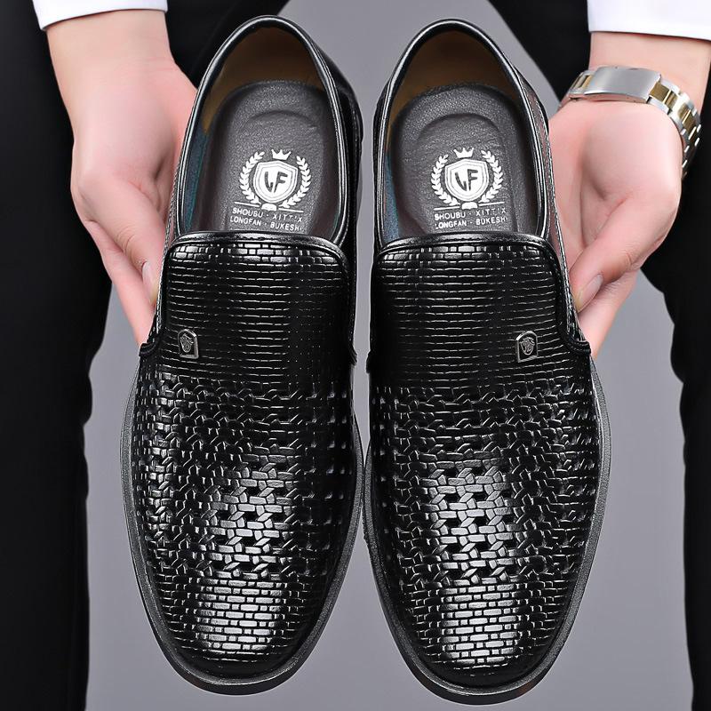 Модная мужская повседневная обувь из коровьей кожи, летние сандалии с вырезами, дышащие черные деловые туфли, туфли-лоферы без застежек для мужчин