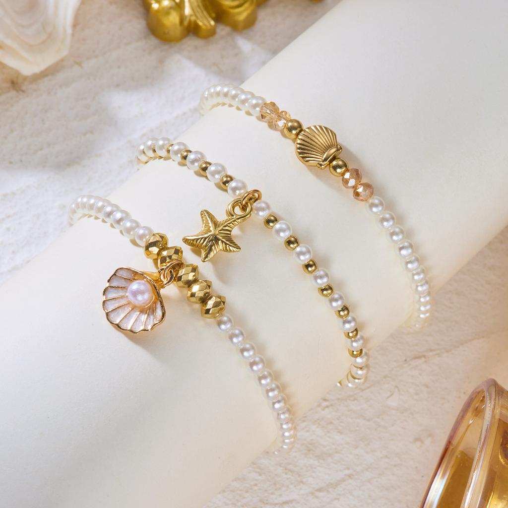 3pcs Classic Metal Starfish Shell Drop Bracelets Set for Women Handmade Imitation Pearls Beaded Bracelets Summer Jewelry Gifts