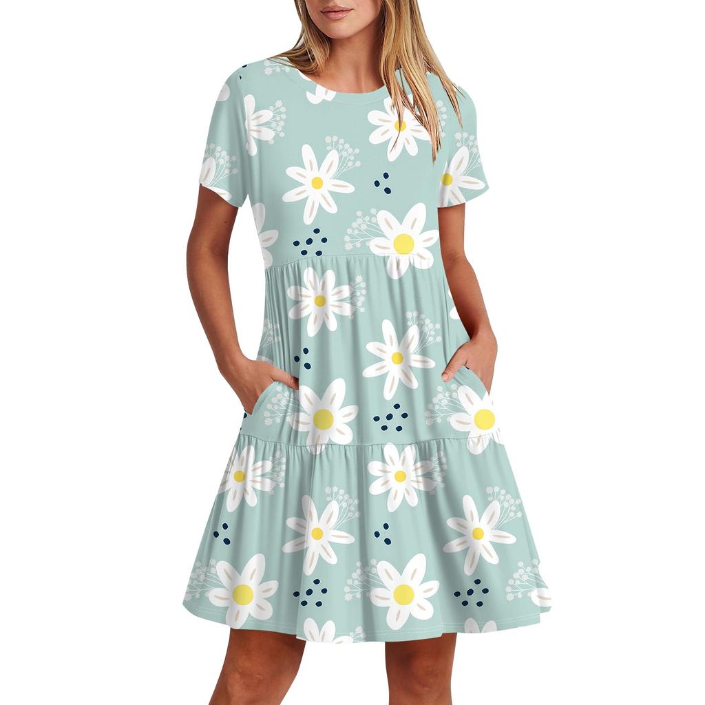 Женское повседневное модное платье-миди с круглым вырезом и коротким рукавом с принтом и карманом
