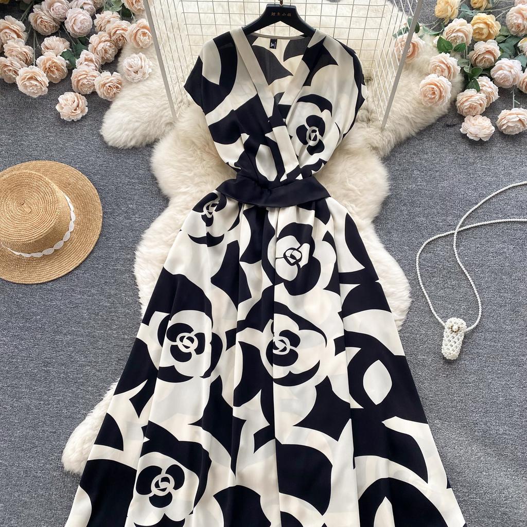 Summer Vintage Women Print Long Dress Elegant V-Neck Sleeveless High Waist A-Line Maxi Vestidos Female New Fashion Robe